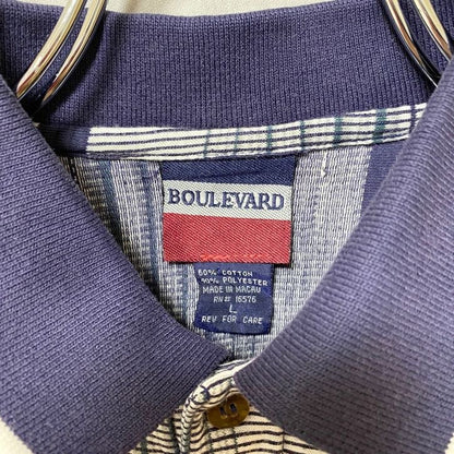 古着 used　BOULEVARD　半袖ストライプ柄ポロシャツ　総柄　胸ポケット　ネイビー　春夏服　レトロ　Lサイズ