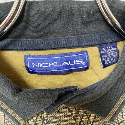 古着 used　NICKLAUS　半袖総柄ポロシャツ　ワンポイントロゴ刺繡　茶色　ブラウン　レトロ　オーバーサイズ　XLサイズ