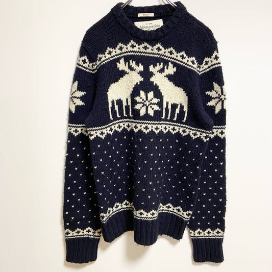 古着 used　Abercrombie＆Fitch　アバクロ　長袖ノルディック柄ニット　セーター　トナカイ　ネイビー　XLサイズ