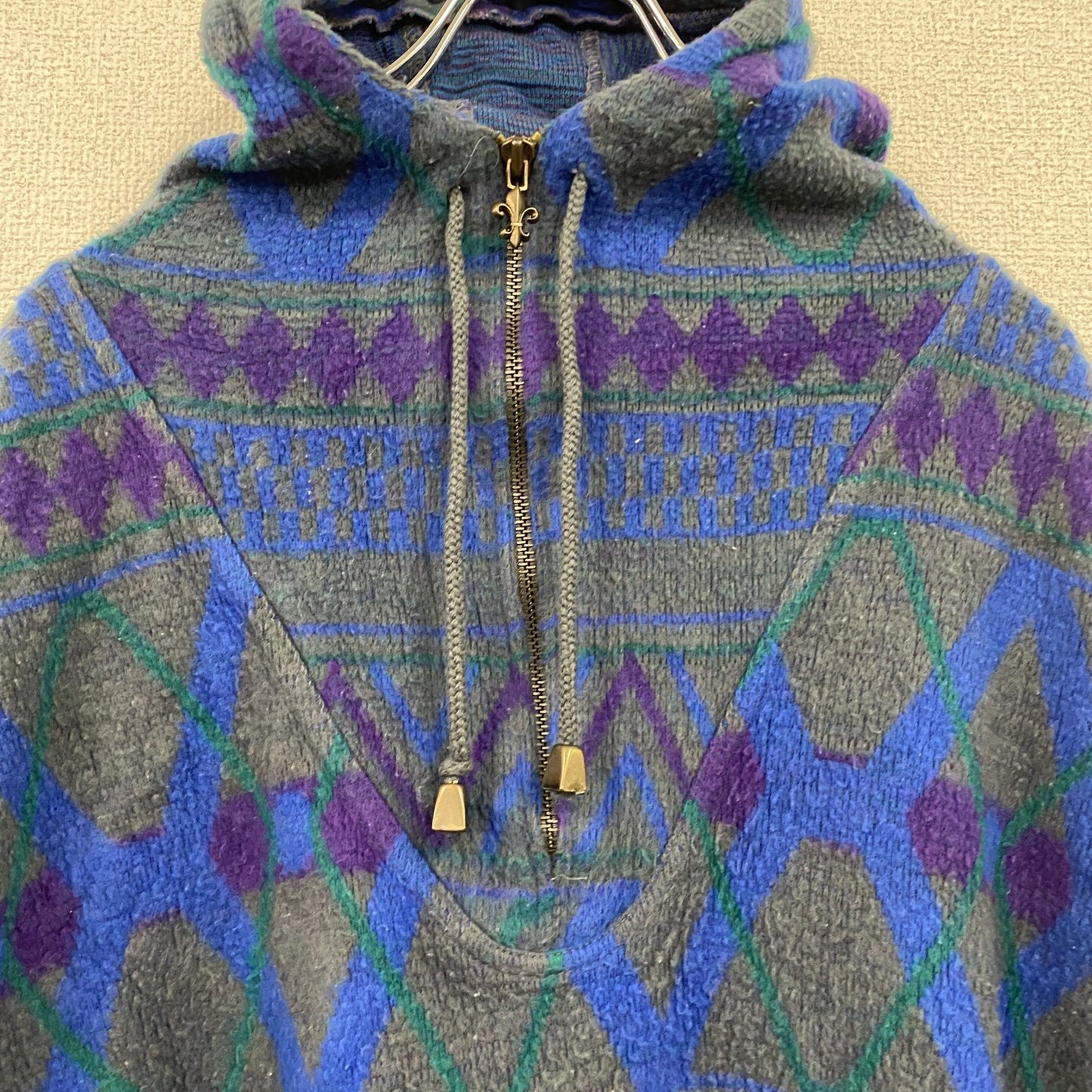 90s～　FRENCH COUNTRY　ハーフジップフリースパーカー　ヴィンテージ　総柄　青　ブルー　Mサイズ