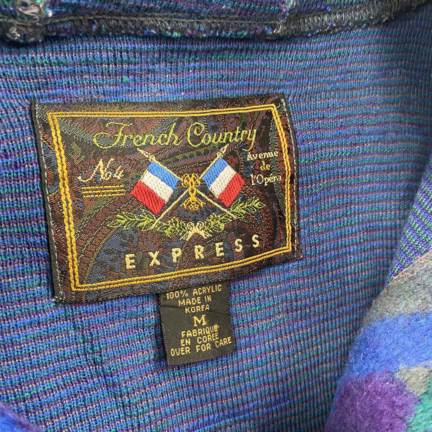 90s～　FRENCH COUNTRY　ハーフジップフリースパーカー　ヴィンテージ　総柄　青　ブルー　Mサイズ