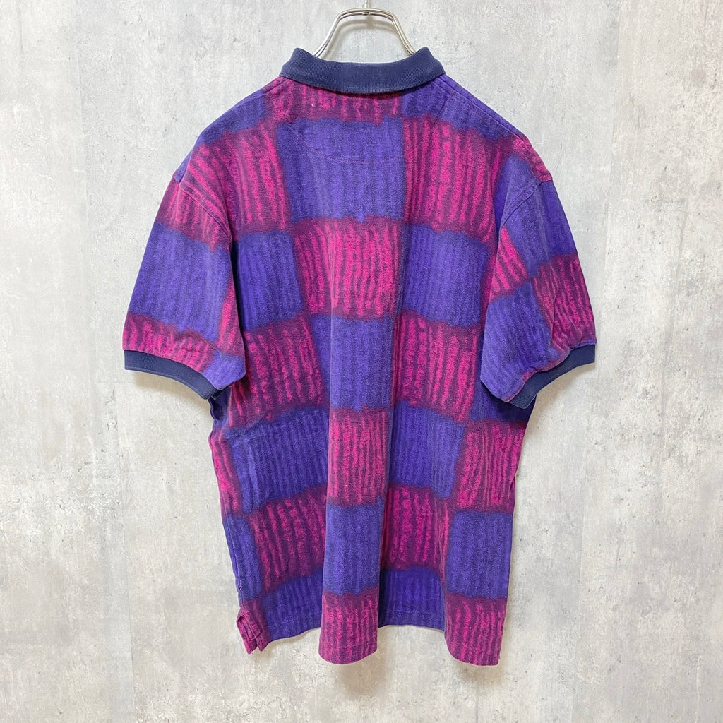 半袖総柄デザインポロシャツ　チェック　紫　パープル　ピンク　個性的　春夏服　レトロデザイン　Mサイズ　古着