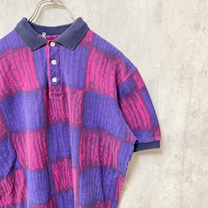 半袖総柄デザインポロシャツ　チェック　紫　パープル　ピンク　個性的　春夏服　レトロデザイン　Mサイズ　古着