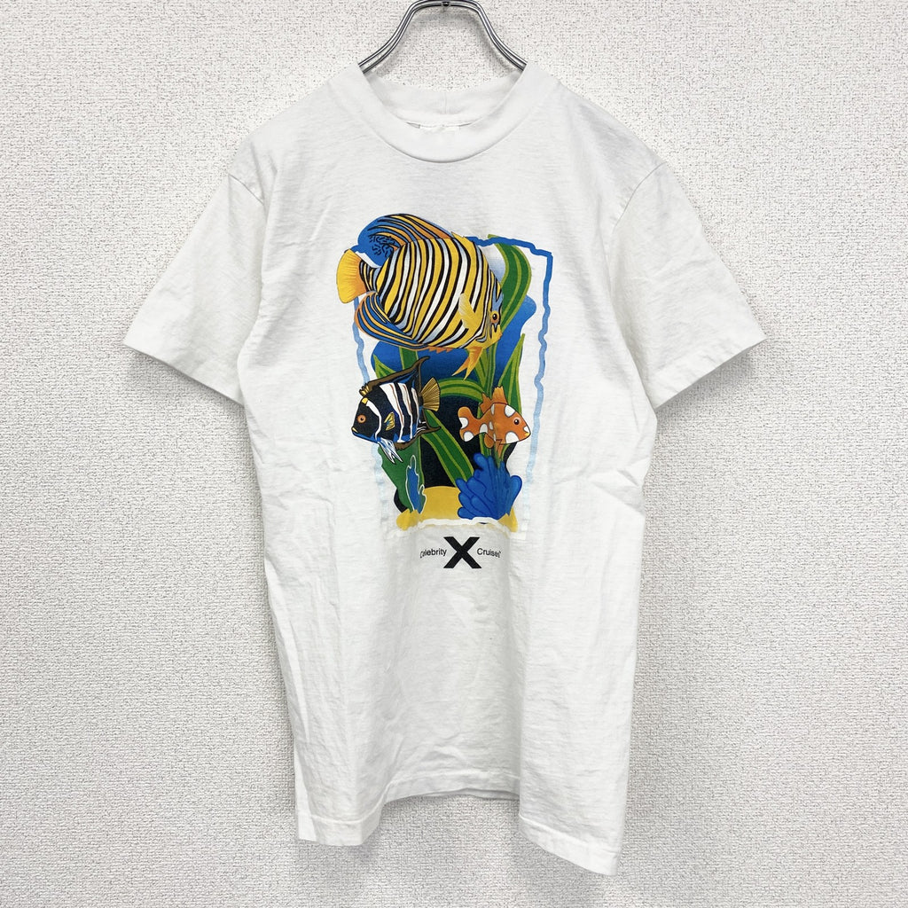半袖プリントTシャツ　ホワイト　白　魚　fish　釣り　ニモ　クルーネック　シングルステッチ　Sサイズ　古着
