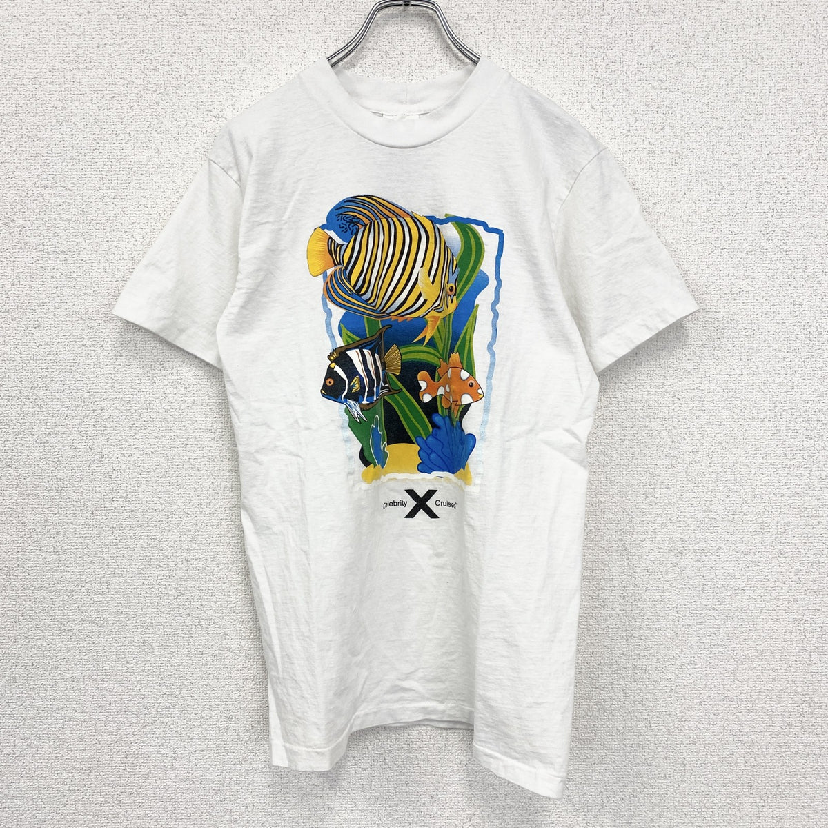 半袖プリントTシャツ　ホワイト　白　魚　fish　釣り　ニモ　クルーネック　シングルステッチ　Sサイズ　古着
