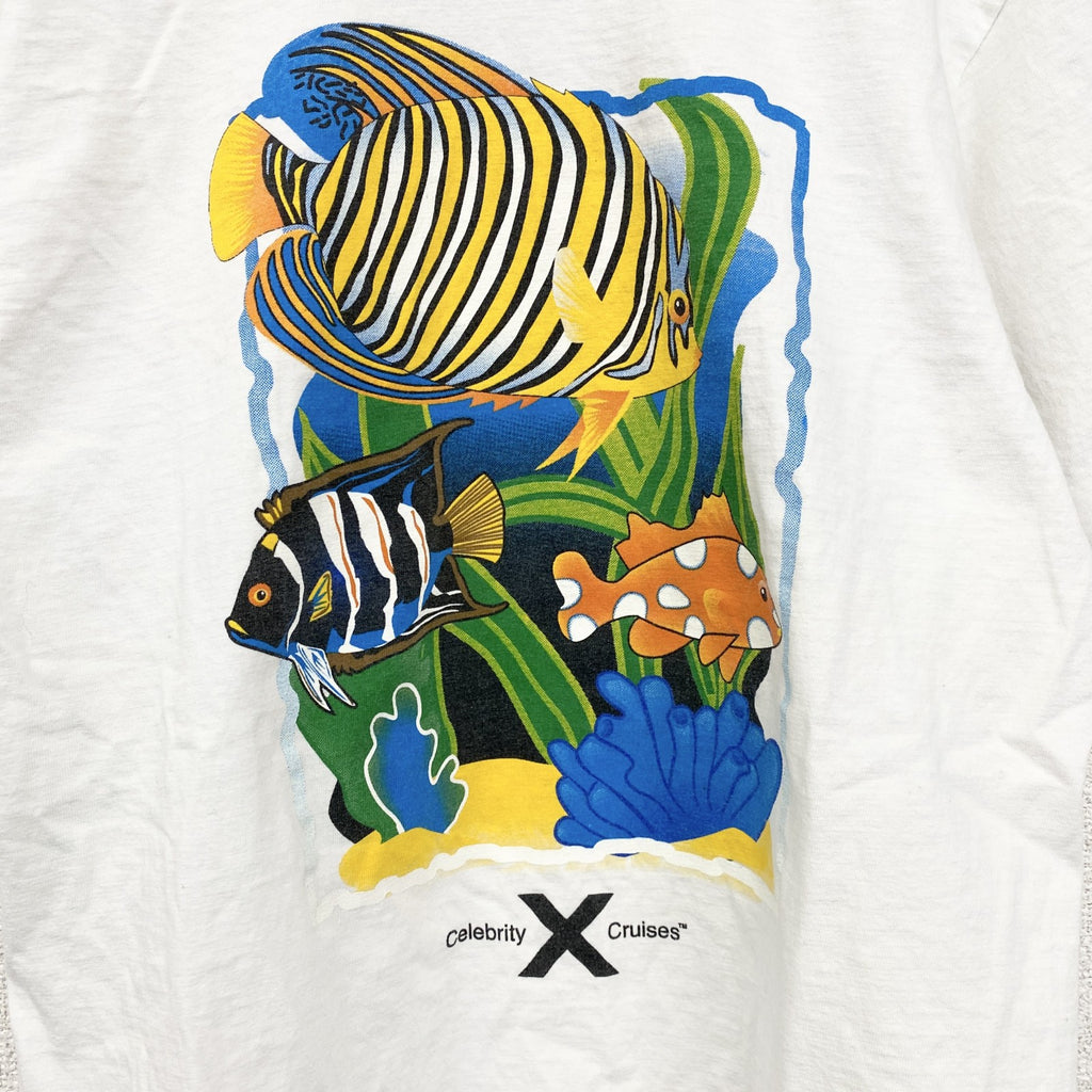 半袖プリントTシャツ　ホワイト　白　魚　fish　釣り　ニモ　クルーネック　シングルステッチ　Sサイズ　古着
