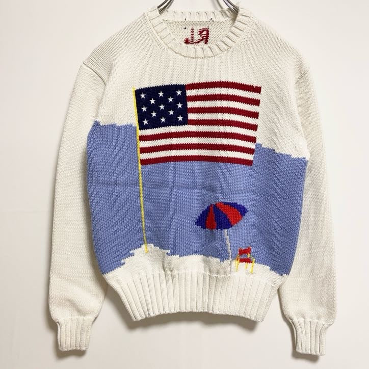 古着 used　Polo Ralph Lauren　ポロラルフローレン　クルーネックニットセーター　星条旗　白　ホワイト