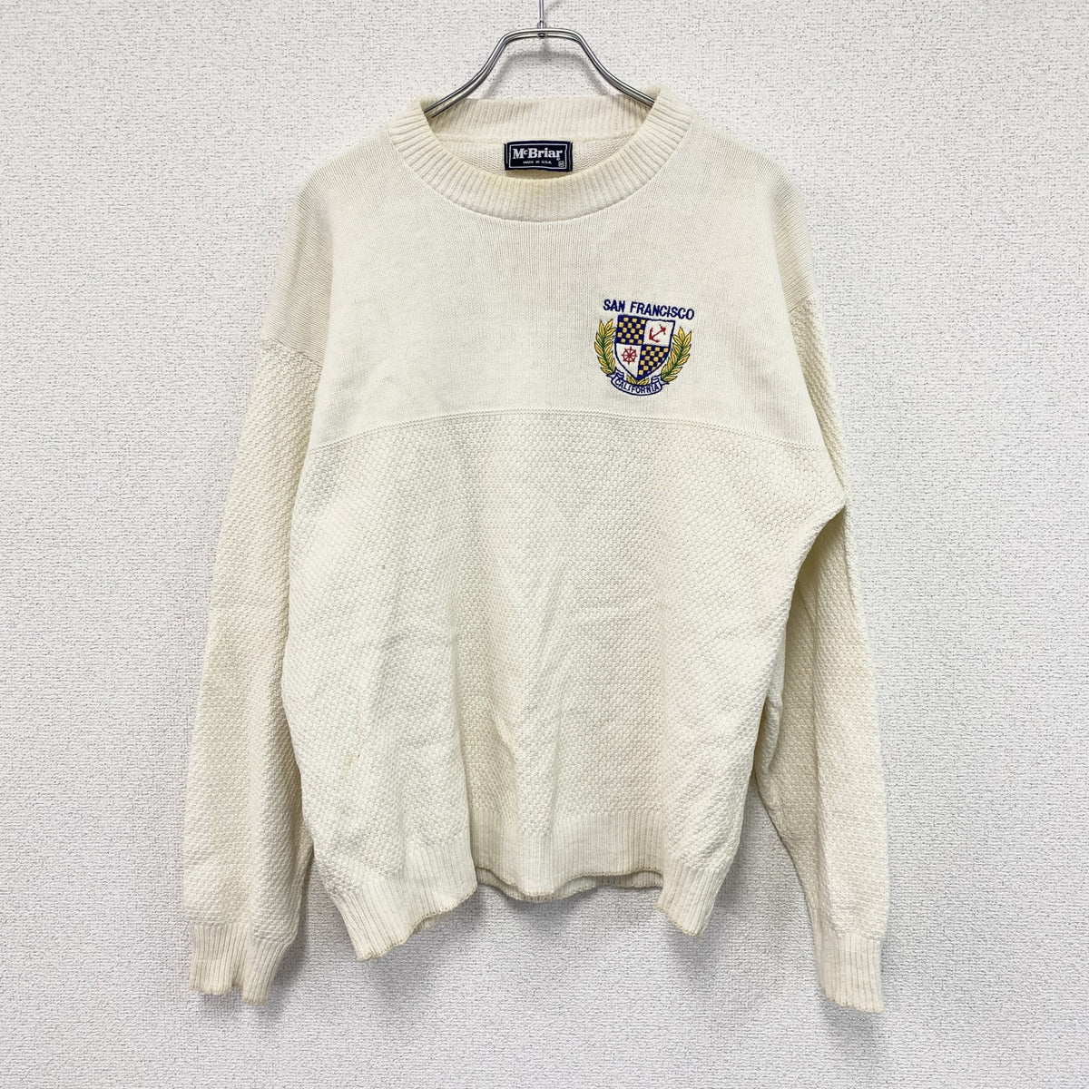 ～90s　McBriar　マクブライアー　コットンニットセーター　刺繍ロゴ　ワンポイント　ヴィンテージ　アイボリー　Mサイズ メンズ 古着