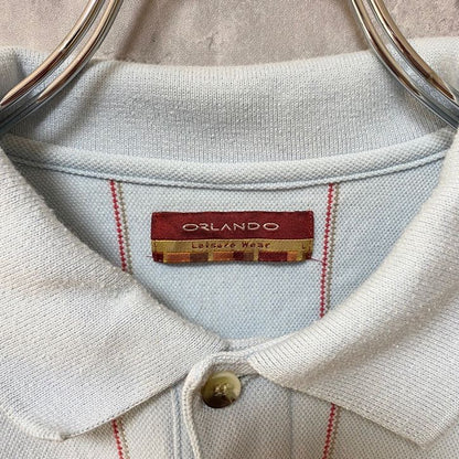 古着 used　ORLANDO　オーランド　半袖ストライプ柄ポロシャツ　ワンポイントロゴ刺繡　白　ホワイト　春夏服　Lサイズ