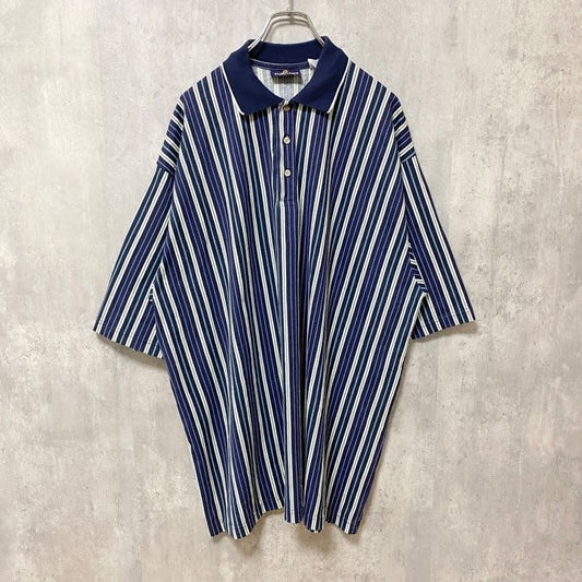 古着 used　PURITAN　ピューリタン　半袖ストライプ柄ポロシャツ　ネイビー　ホワイト　春夏服　オーバーサイズ　3XLサイズ