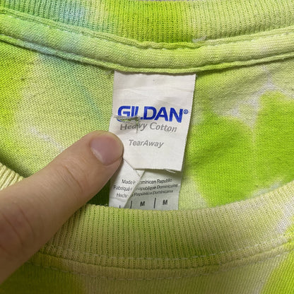 古着 used　GILDAN　ギルダン　半袖プリントTシャツ　クルーネック　ダイダイ柄　個性的　ライムカラー　ブルー　Mサイズ