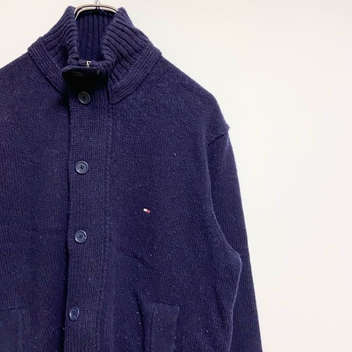 古着 used　TOMMYHILFIGER　長袖ワンポイント刺繡ニットカーディガン　セーター　ネイビー　秋冬服　Lサイズ