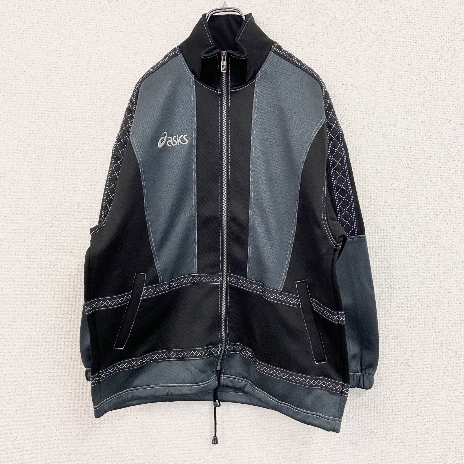 90s　asics　アシックス　トラックジャケット/ジャージ　ヴィンテージ　バイカラー　黒　ブラック　ネイビー　紺　Mサイズ　古着