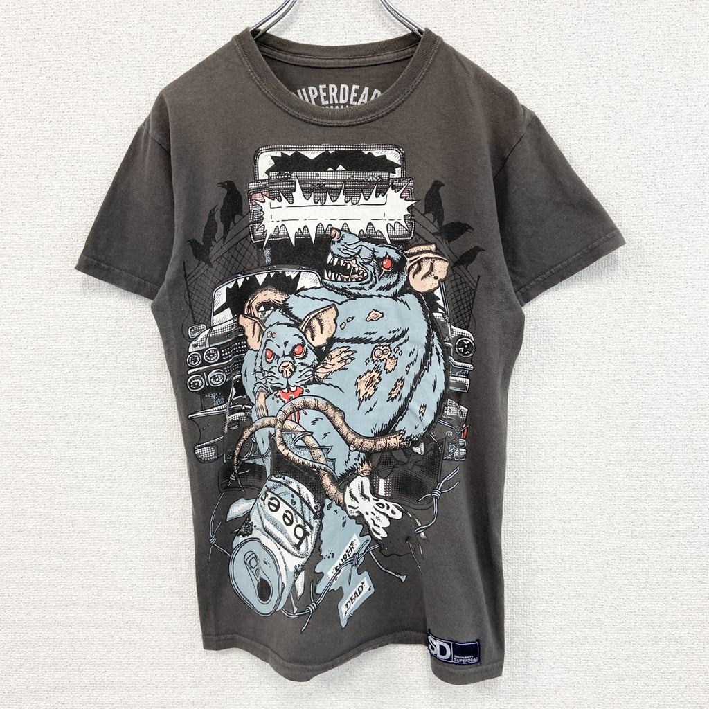 SUPERDEAD　半袖プリントアニマルTシャツ　マウス　酔っ払いネズミ　車　茶色　ブラウン　Sサイズ　古着