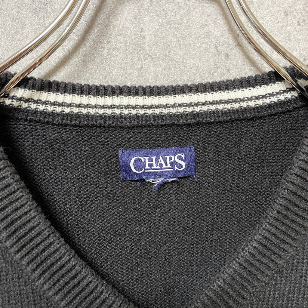 CHAPS　チャップス　ワンポイント刺繍ニットベスト　Vネック　黒　ブラック　シンプル　ノームコア　古着