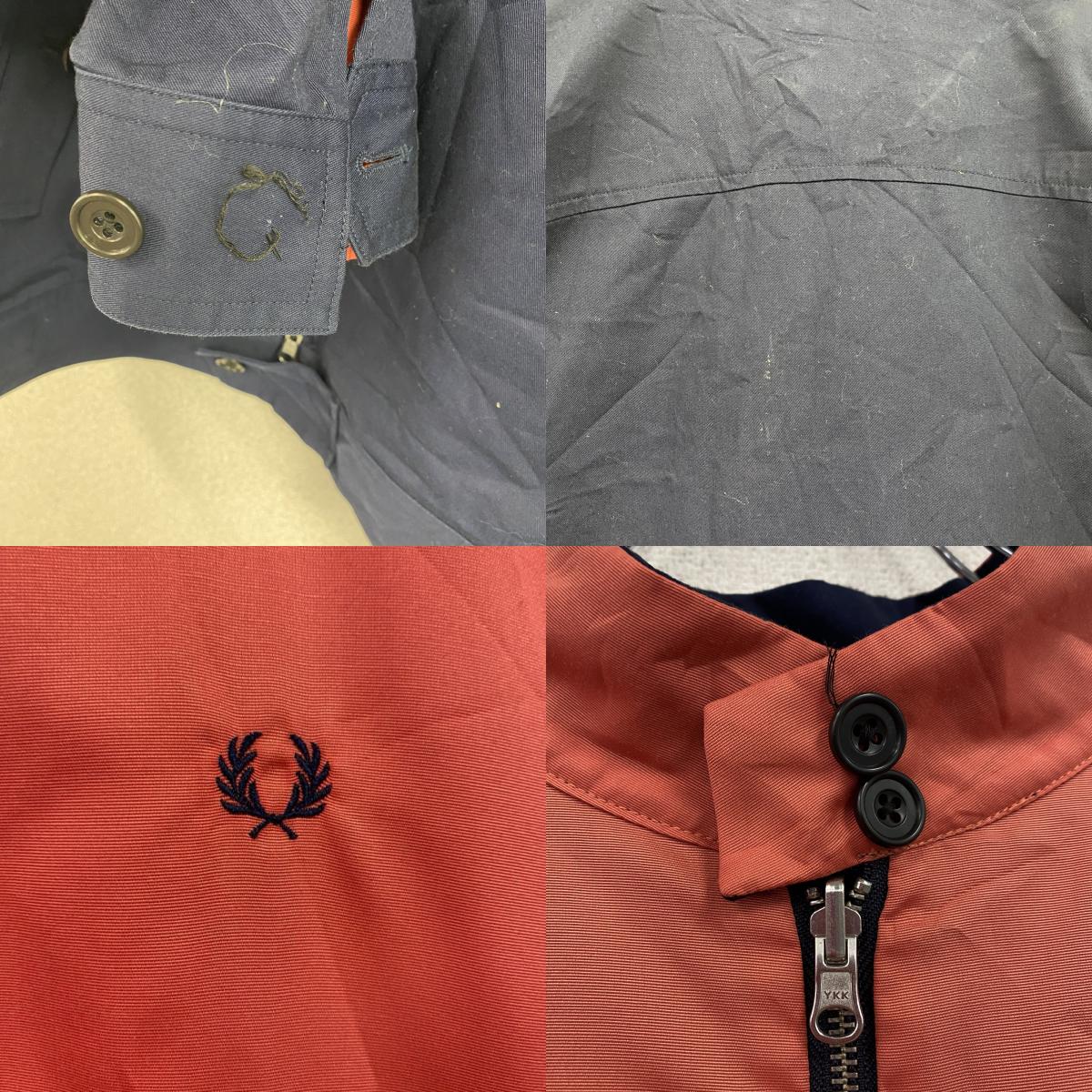 FRED PERRY　フレッドペリー　リバーシブルハリントンジャケット　フェード　刺繍ロゴ　紺　ネイビー　赤　レッド　Lサイズ　古着