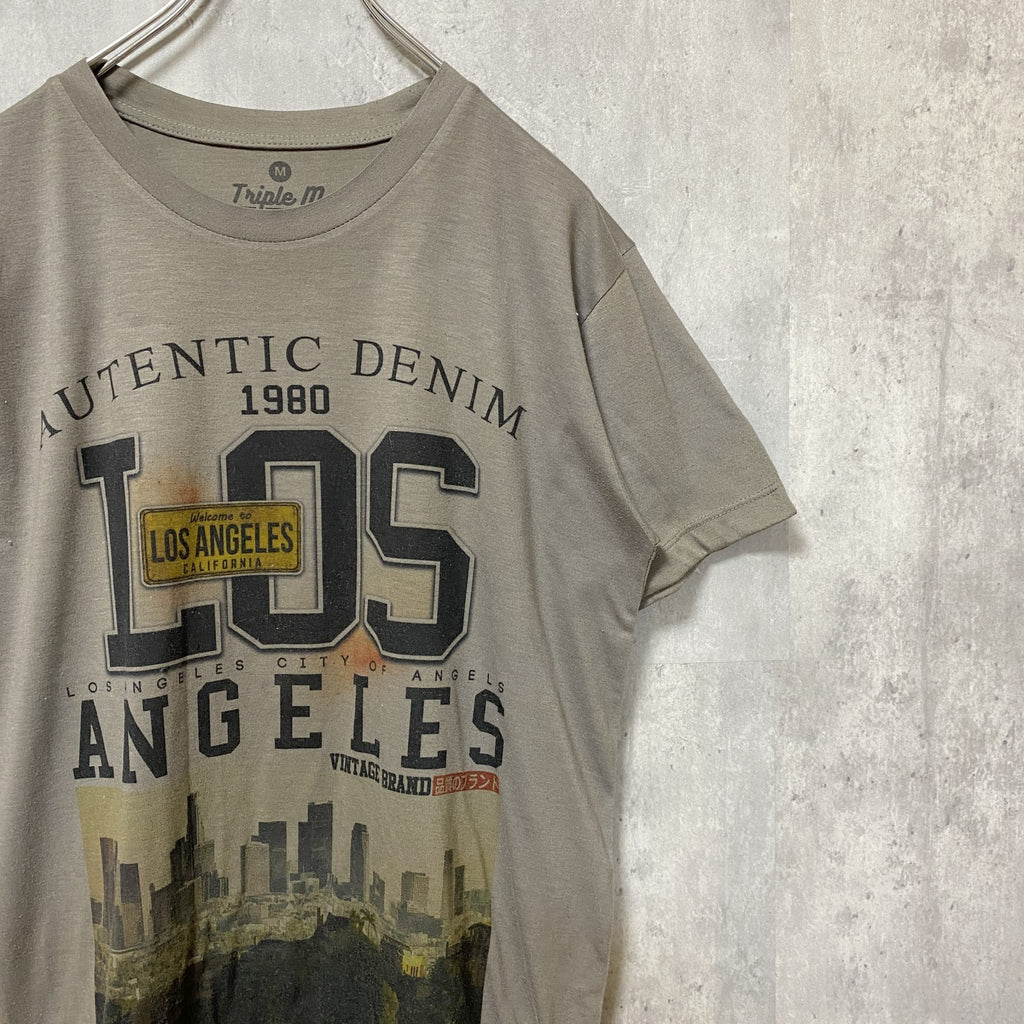Triple m　半袖プリントフォトTシャツ　ライセンスプレート　Los Angeles　アーチプリント　英字プリント　カーキ　Mサイズ　古着