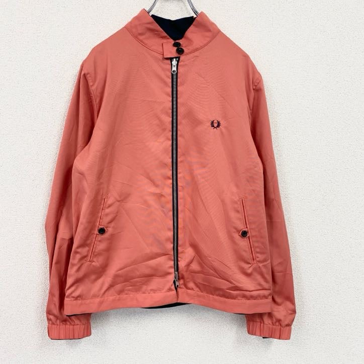 FRED PERRY　フレッドペリー　リバーシブルハリントンジャケット　フェード　刺繍ロゴ　紺　ネイビー　赤　レッド　Lサイズ　古着