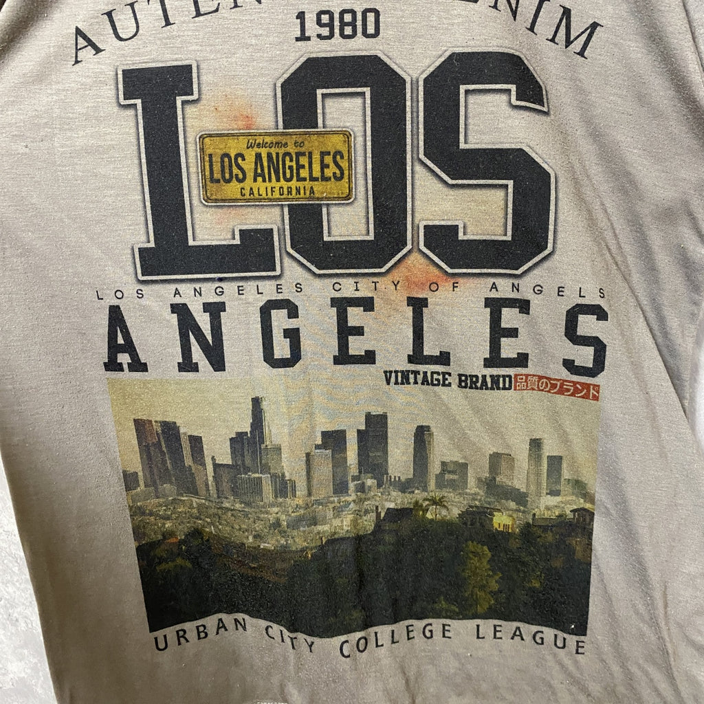 Triple m　半袖プリントフォトTシャツ　ライセンスプレート　Los Angeles　アーチプリント　英字プリント　カーキ　Mサイズ　古着