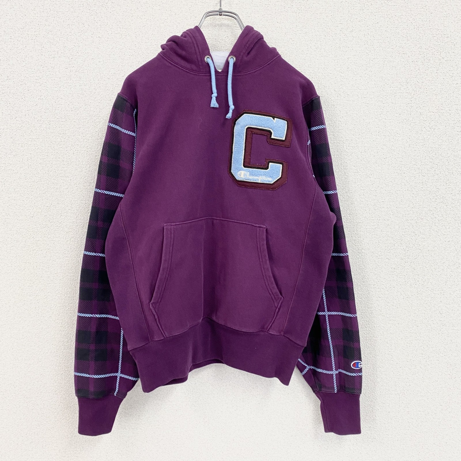 Champion　チャンピオン　リバースウィーブ　スウェットパーカー/フーディー　チェック柄　紫　パープル　Sサイズ　古着