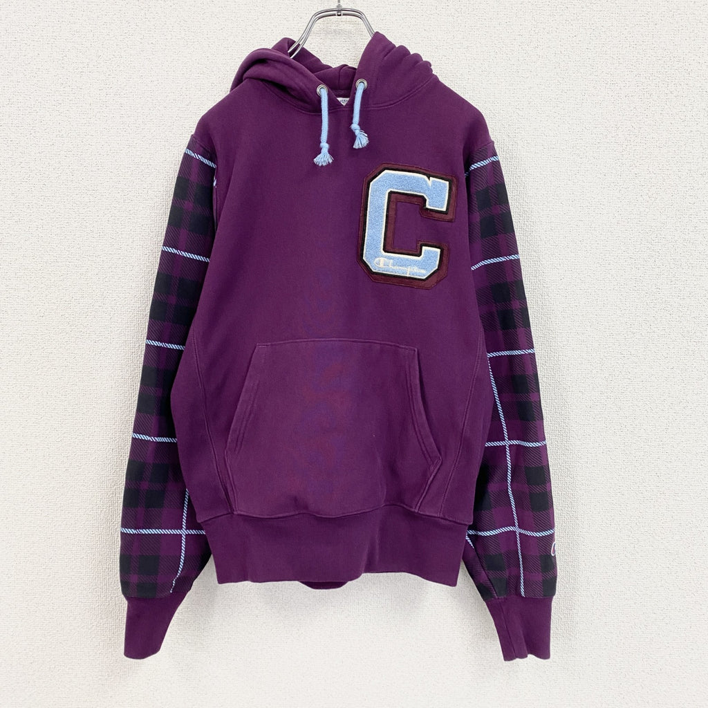 Champion　チャンピオン　リバースウィーブ　スウェットパーカー/フーディー　チェック柄　紫　パープル　Sサイズ トレーナー スウェットトップス フード付き 古着