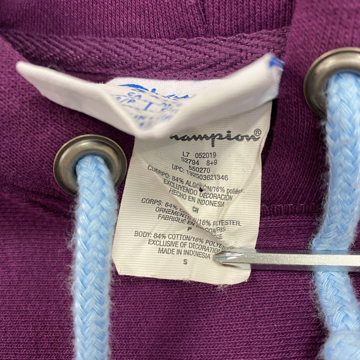Champion　チャンピオン　リバースウィーブ　スウェットパーカー/フーディー　チェック柄　紫　パープル　Sサイズ トレーナー スウェットトップス フード付き 古着