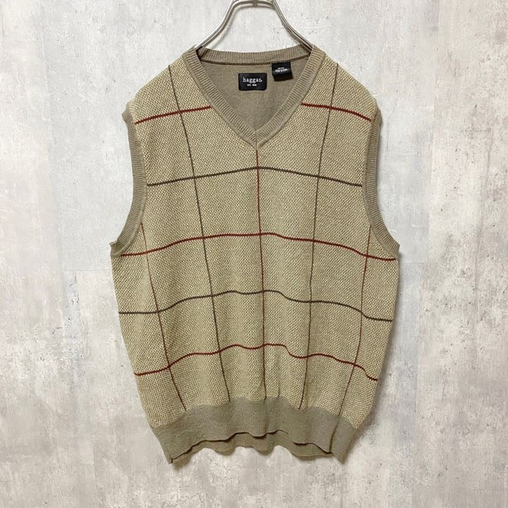 haggar　ハガー　チェック柄ニットベスト　Vネック　総柄　茶色　ブラウン　レトロ　メンズ　Mサイズ　古着