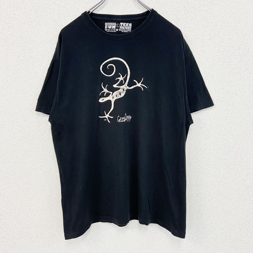TEES FACTORY　半袖プリントTシャツ　トカゲ　カジュアルデザイン　黒　ブラック　クルーネック　Lサイズ　古着