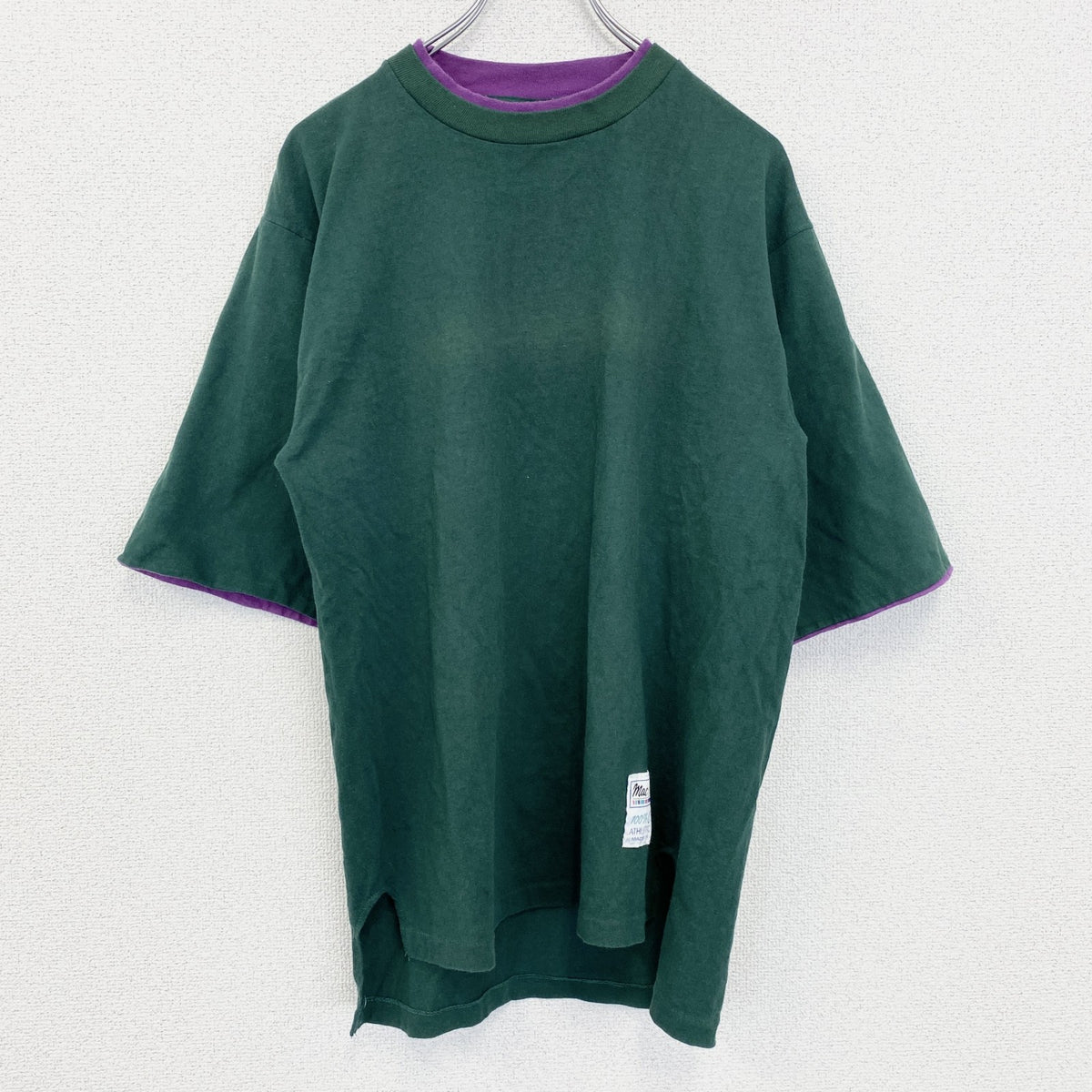 半袖レイヤードTシャツ　グリーン　パープル　切り替え　ワンポイント　クルーネック　USA製　Lサイズ　古着