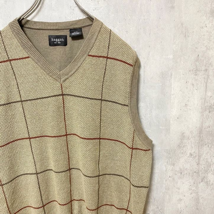 haggar　ハガー　チェック柄ニットベスト　Vネック　総柄　茶色　ブラウン　レトロ　メンズ　Mサイズ　古着