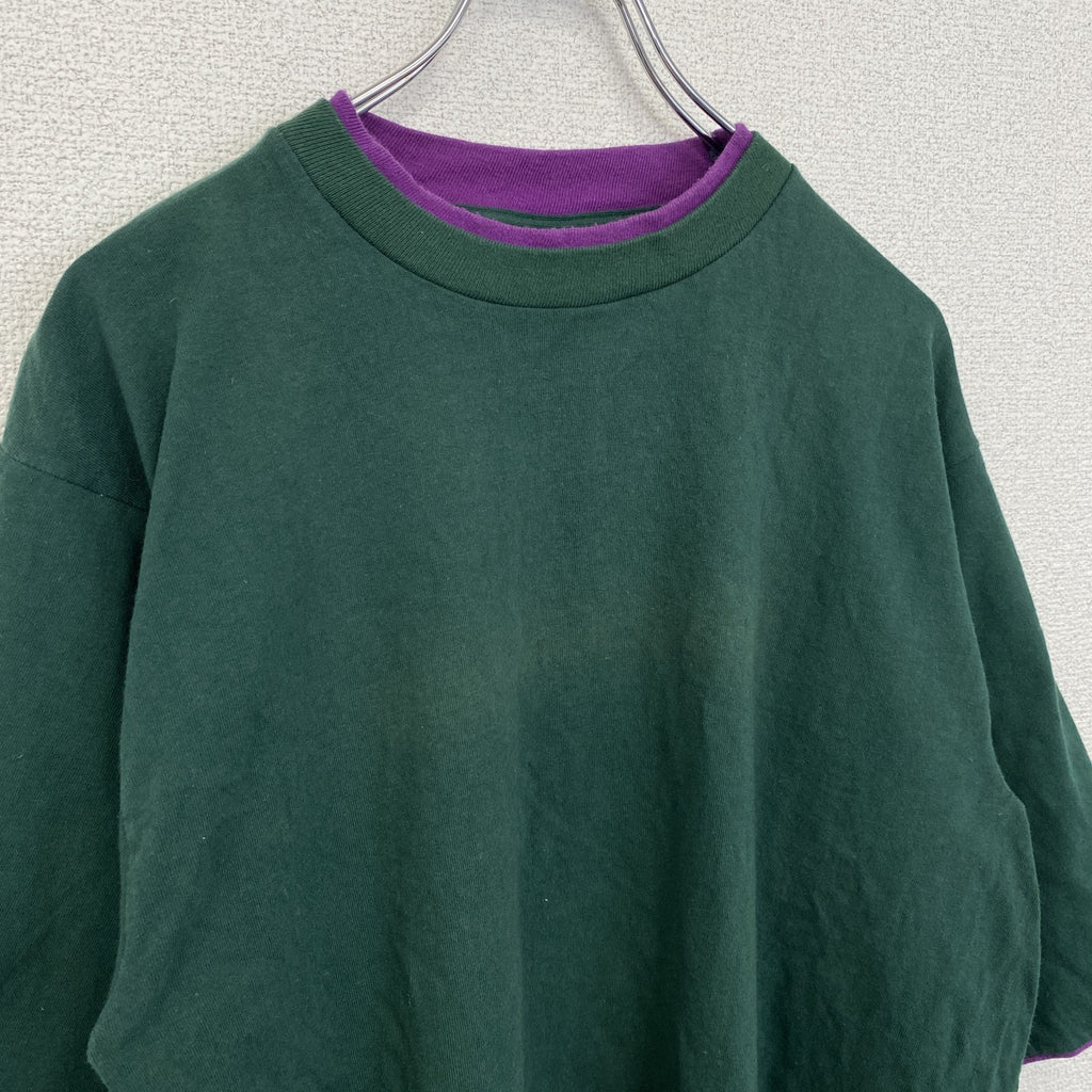 半袖レイヤードTシャツ　グリーン　パープル　切り替え　ワンポイント　クルーネック　USA製　Lサイズ　古着