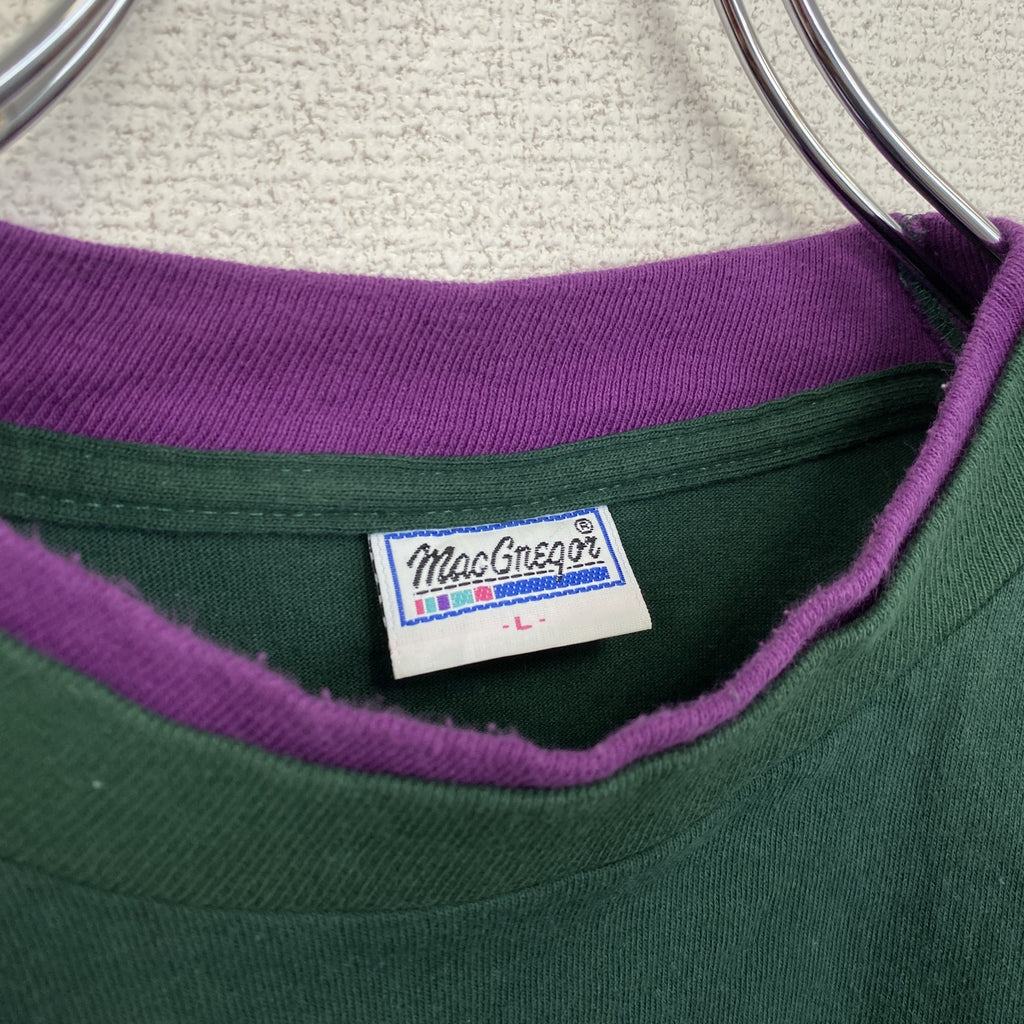 半袖レイヤードTシャツ　グリーン　パープル　切り替え　ワンポイント　クルーネック　USA製　Lサイズ　古着