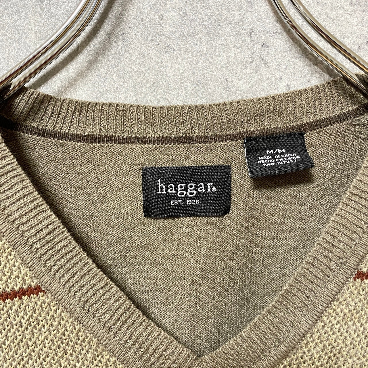 古着 used　haggar　ハガー　チェック柄ニットベスト　Vネック　総柄　茶色　ブラウン　レトロ　メンズ　Mサイズ