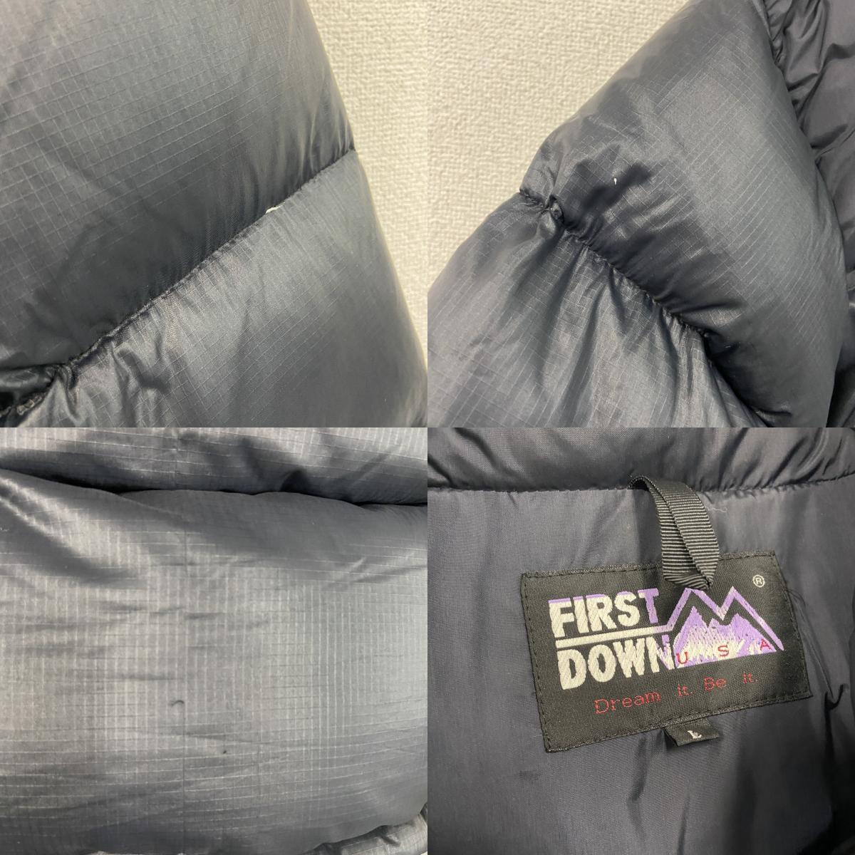 90s　FIRST DOWN　ファーストダウン　ダウンジャケット　刺ロゴ　黒　ブラック　Lサイズ ダウンアウター レディース ナイロン 古着