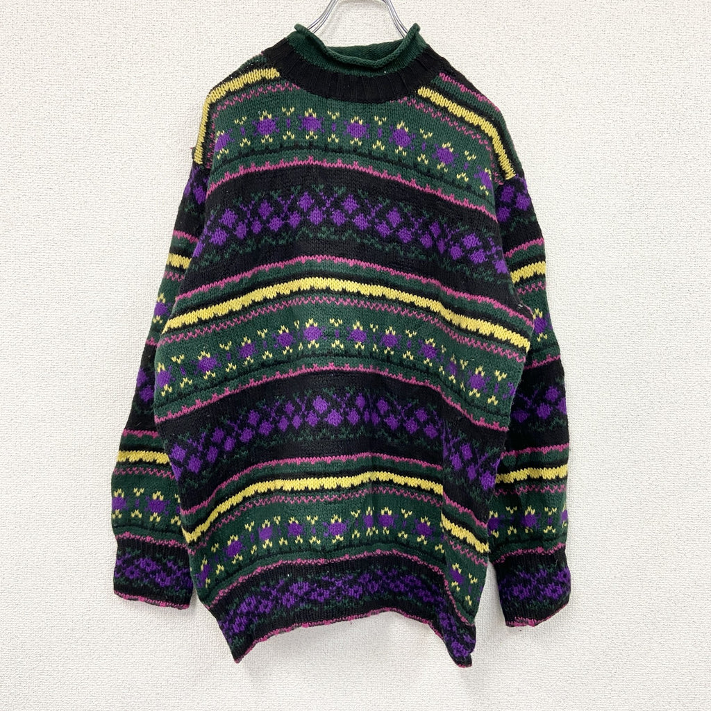 90s　UNITED COLORS OF BENETTON　ベネトン　ウールニットセーター　総柄　マルチカラー　緑　グリーン　　ヴィンテージ　古着