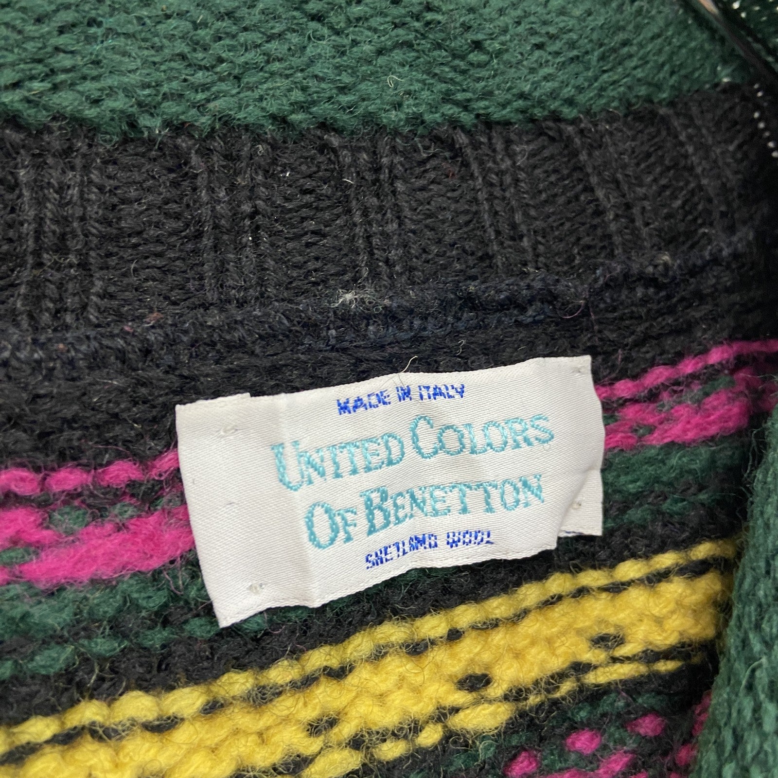 90s　UNITED COLORS OF BENETTON　ベネトン　ウールニットセーター　総柄　マルチカラー　緑　グリーン　　ヴィンテージ　古着