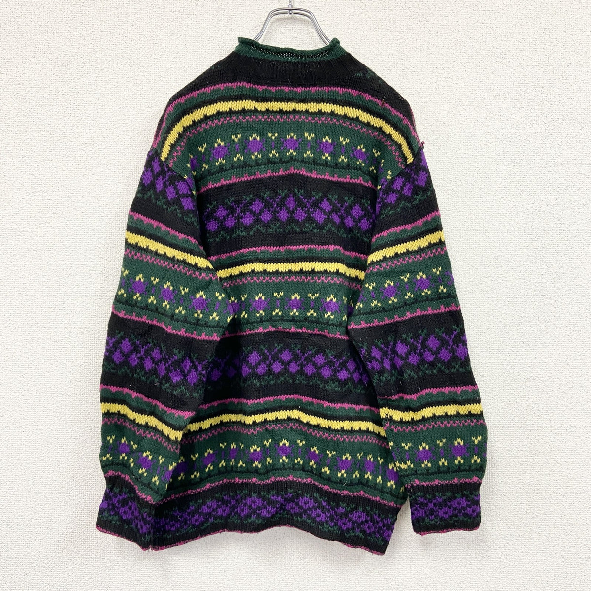 90s　UNITED COLORS OF BENETTON　ベネトン　ウールニットセーター　総柄　マルチカラー　緑　グリーン　　ヴィンテージ　古着