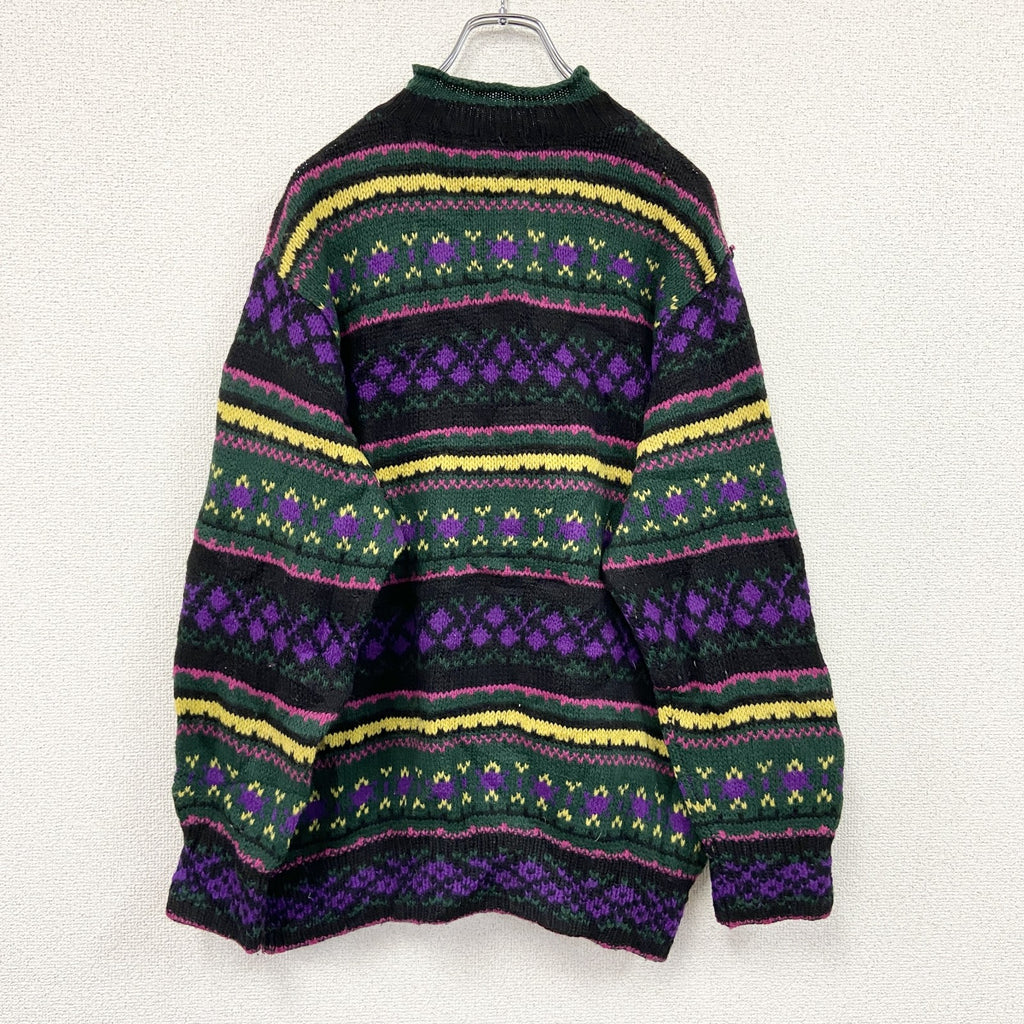 90s　UNITED COLORS OF BENETTON　ベネトン　ウールニットセーター　総柄　マルチカラー　緑　グリーン　　ヴィンテージ　古着