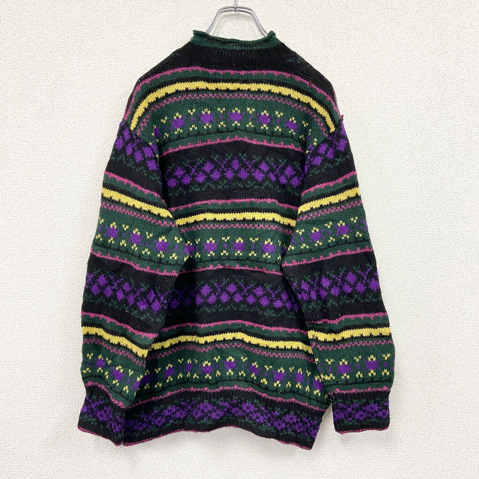 90s　UNITED COLORS OF BENETTON　ベネトン　ウールニットセーター　総柄　マルチカラー　緑　グリーン　　ヴィンテージ　古着