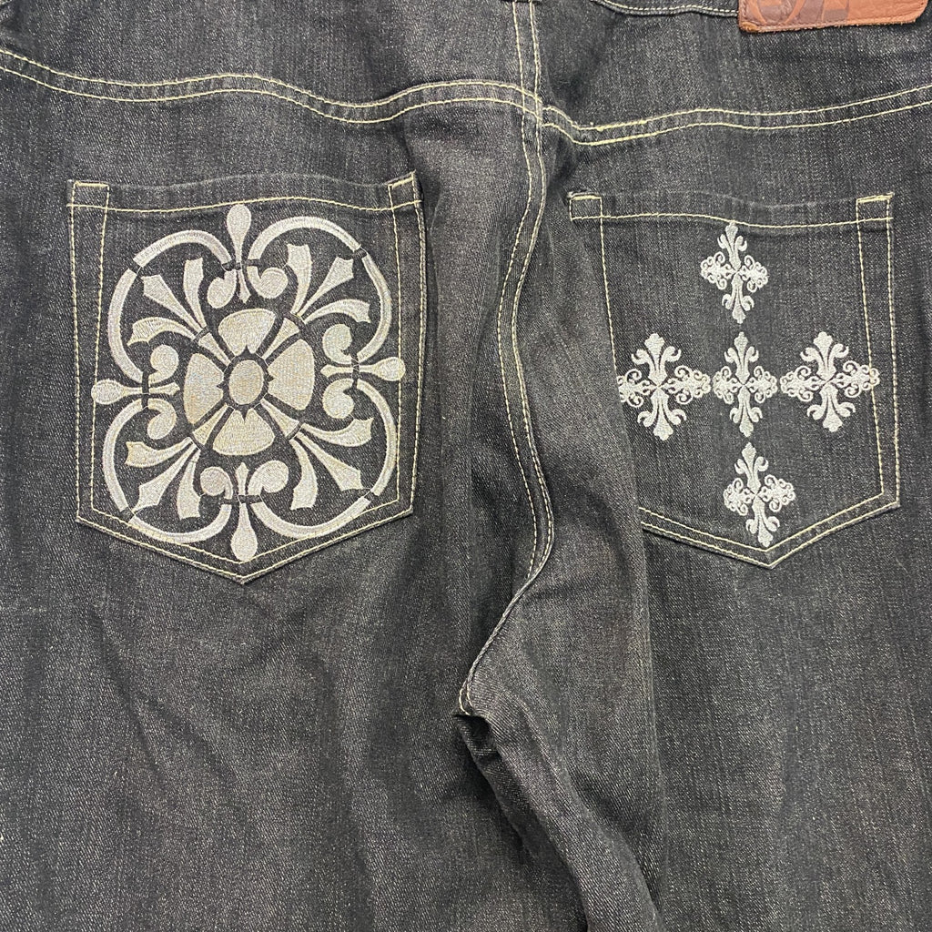 PHAT FARM　ファットファーム　ブラックデニムパンツ/ジーンズ　ジップフライ　刺繍ロゴ　黒　ブラック　W40サイズ　古着