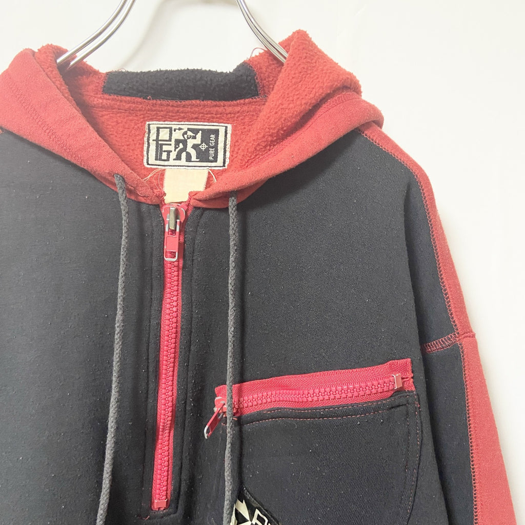 ～90s　PUREGEAR　ハーフジップパーカー　胸ポケット付き　ヴィンテージ　黒　ブラック　赤　レッド　秋冬服　古着