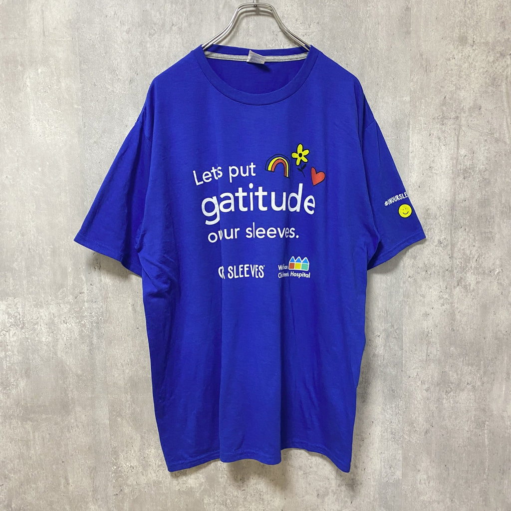 PORT＆COMPANY　半袖プリントメッセージTシャツ　4連プリント　企業ロゴ　青　ブルー　XLサイズ　古着