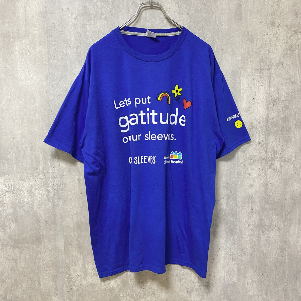 PORT＆COMPANY　半袖プリントメッセージTシャツ　4連プリント　企業ロゴ　青　ブルー　XLサイズ　古着