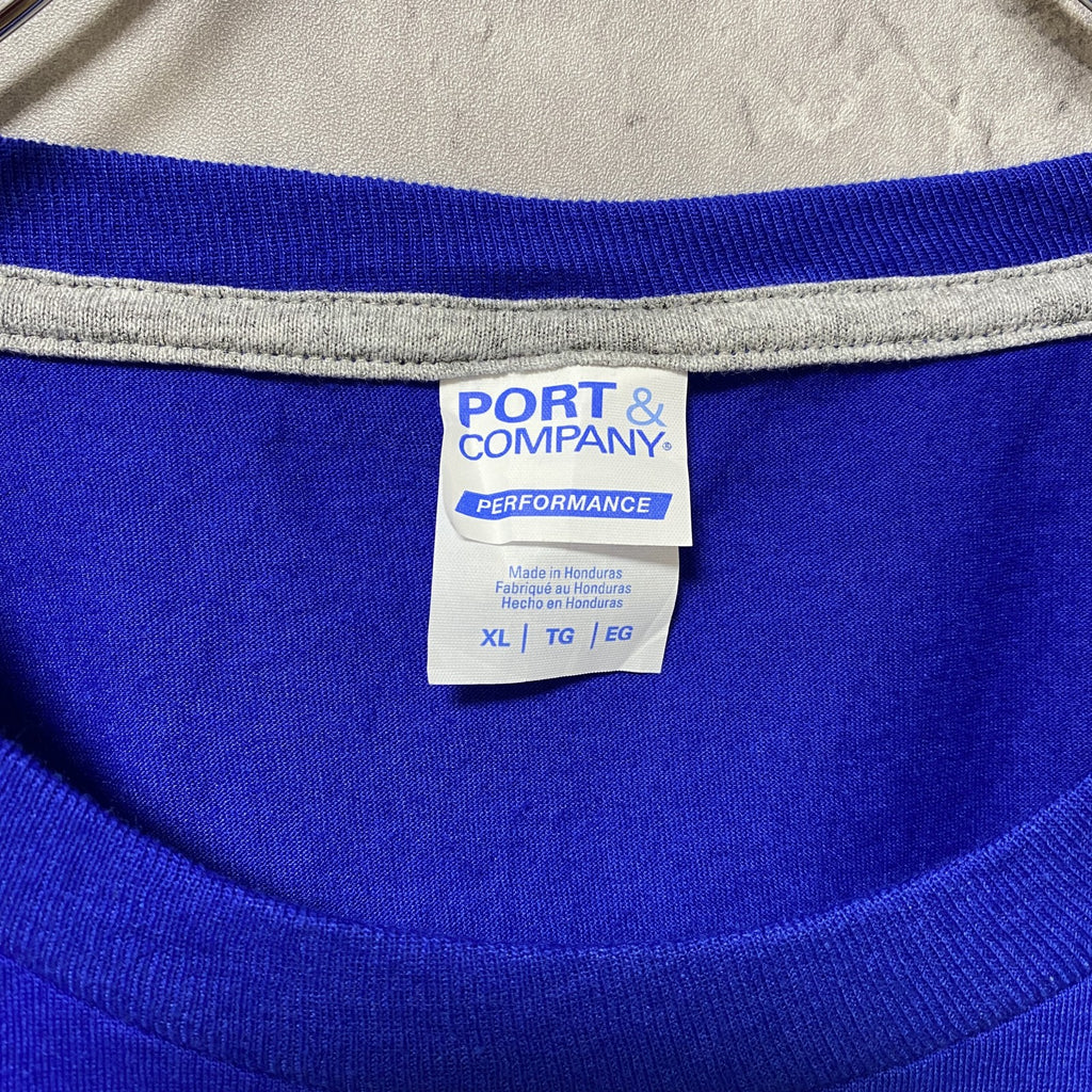 PORT＆COMPANY　半袖プリントメッセージTシャツ　4連プリント　企業ロゴ　青　ブルー　XLサイズ　古着