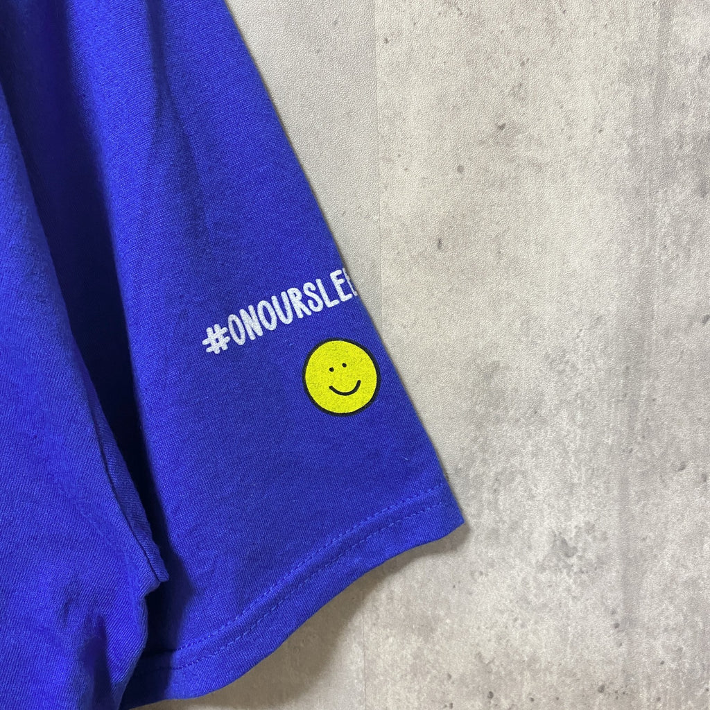 PORT＆COMPANY　半袖プリントメッセージTシャツ　4連プリント　企業ロゴ　青　ブルー　XLサイズ　古着