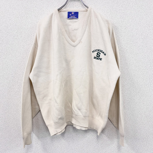 90s　Champion　チャンピオン　コットンニットセーター　ヴィンテージ　Vネック　白　ホワイト　XXLサイズ