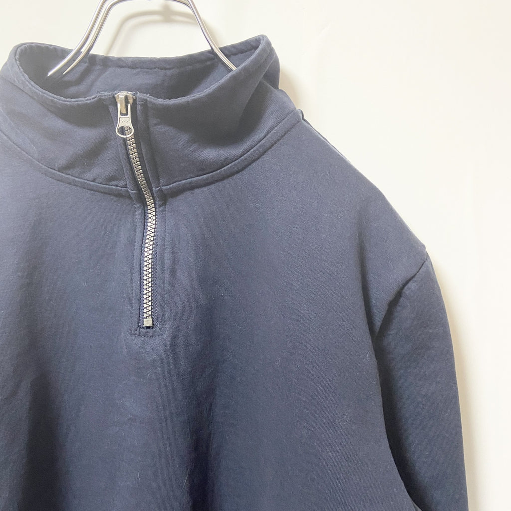 ALDI　長袖ハーフジップスウェット　トレーナー　ノームコア　シンプル　袖ライン　ネイビー　紺　秋冬服　古着