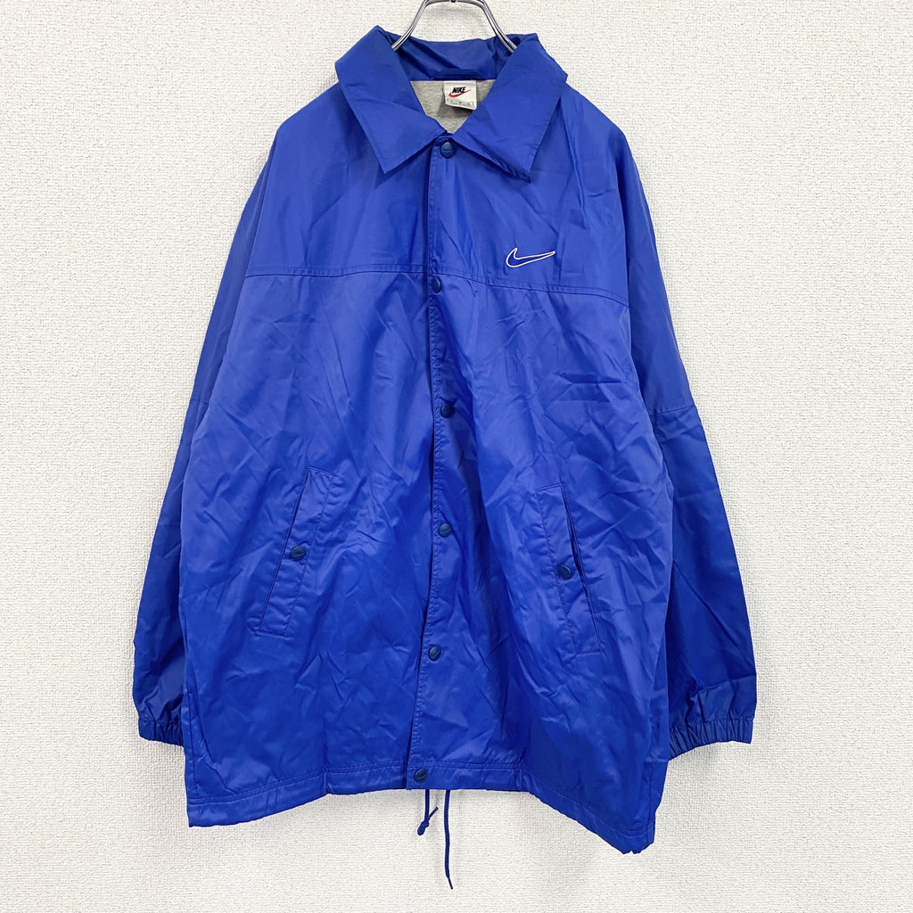 90s～　NIKE　ナイキ　コーチジャケット　フルボタンナイロンジャケット　スウッシュ　ワンポイント　青　ブルー　Lサイズ　　ヴィンテージ　古着