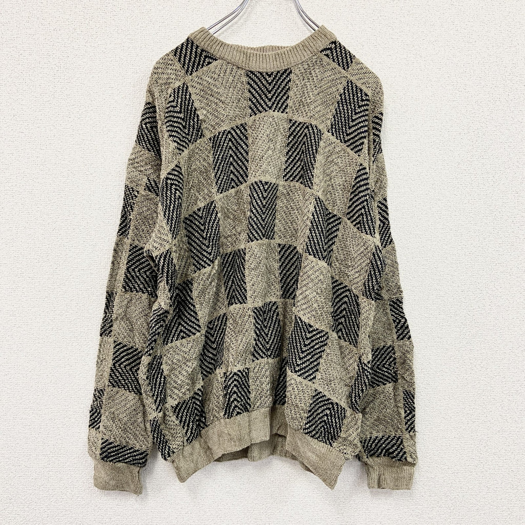 ～90s　TRENT　アクリルニットセーター　ヴィンテージ　総柄　ベージュ　Lサイズ　古着