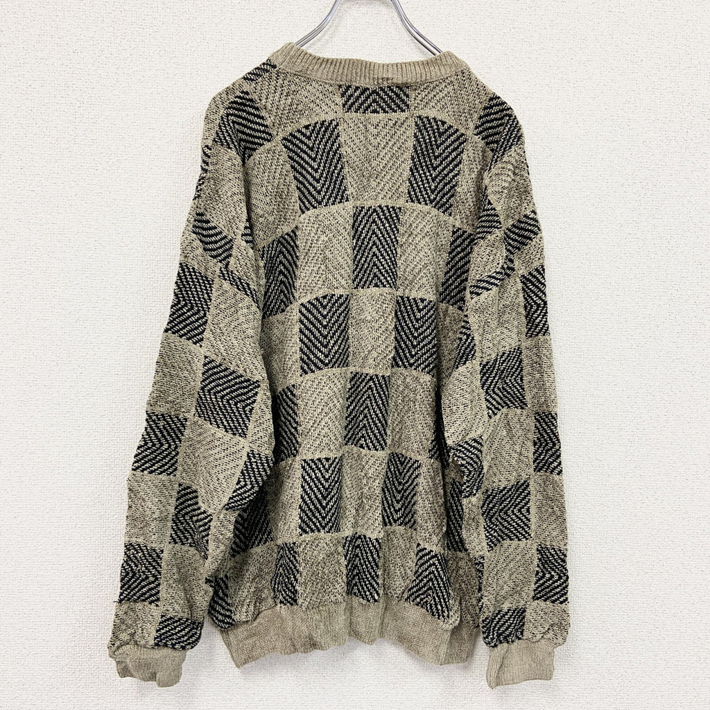 ～90s　TRENT　アクリルニットセーター　ヴィンテージ　総柄　ベージュ　Lサイズ　古着